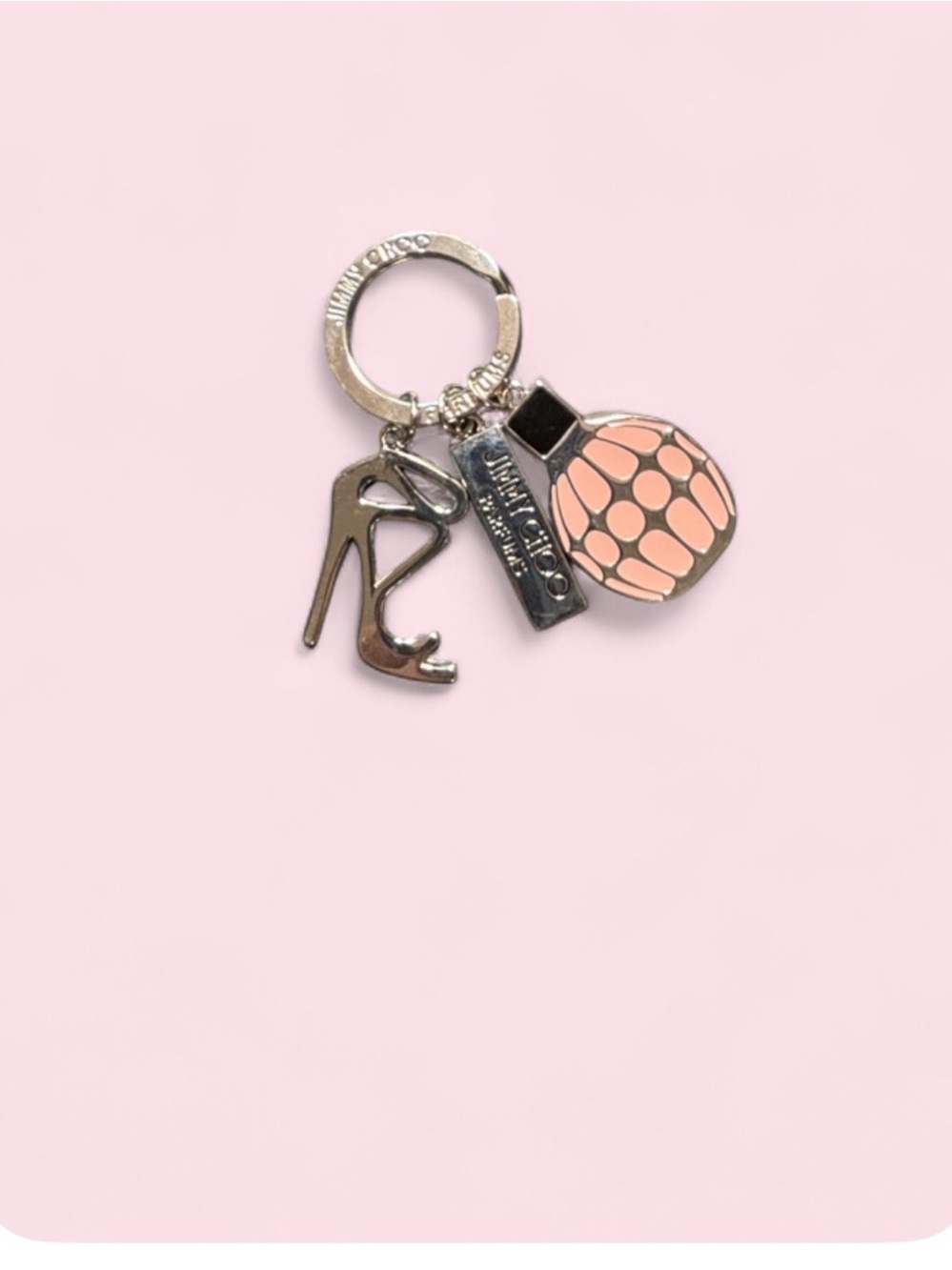 Jimmy Choo Silver High Heel & Pink Perfume Bottle Keychain